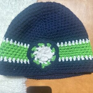 Crochet Beanie Hat Handmade Knit Winter Cap Blue Green‎ White Flower